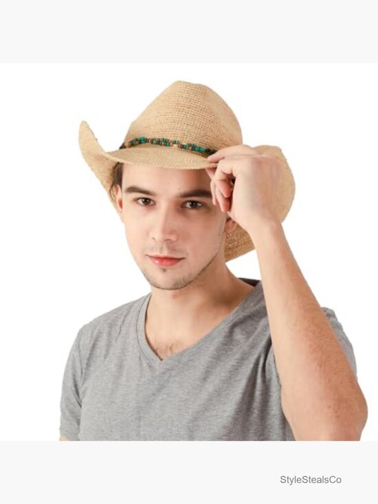 Raffia Straw Cowboy Hat, Crocheted Summer Sun Hat for Beach or Outdoor main image 6